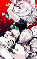 Rule 34 | 1girl, ass, bow, braid, frills, fua yuu, green bow, highres, izayoi sakuya, knife, looking at viewer, maid, maid headdress, on one knee, panties, short hair, skirt, solo, thigh strap, thighhighs, thighs, touhou, twin braids, underwear, white hair, white panties