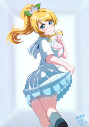 Rule 34 | 1girl, a song for you! you? you!, absurdres, aqua flower, artist name, artist request, ayase eli, bare legs, belt, black footwear, blonde hair, blue eyes, blush, bow, breasts, collarbone, collared shirt, female focus, floating hair, from behind, hair between eyes, hair ornament, high ponytail, highres, holding, holding clothes, holding skirt, leaf hair ornament, long hair, looking at viewer, looking back, love live!, love live! school idol festival, love live! school idol project, medium breasts, miniskirt, neckerchief, parted lips, pink bow, pink neckerchief, pink scrunchie, plaid, plaid skirt, pleated, pleated skirt, ponytail, sailor collar, scrunchie, shirt, short hair, short sleeves, sideboob, skirt, smile, solo, star (symbol), star hair ornament, white belt, white sailor collar, white shirt, white skirt, wrist scrunchie