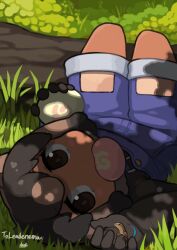 Rule 34 | 1girl, animal ears, black gloves, black sweater, blue overalls, brown eyes, brown hair, common wombat (kemono friends), denim overalls, food, food in mouth, gloves, highres, japari bun, japari symbol, kemono friends, light brown hair, lizard, looking at viewer, lying, multicolored hair, on back, overalls, rinx, short hair, shorts, solo, suspenders, sweater, two-tone hair
