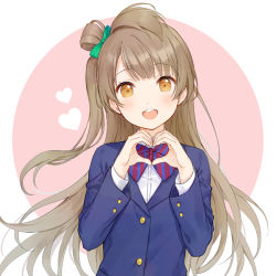 Rule 34 | 1girl, :d, blazer, blue jacket, blush, bow, brown eyes, brown hair, collared shirt, diagonal stripes, dress shirt, green bow, hair bow, hands up, heart, heart hands, jacket, long hair, long sleeves, love live!, love live! school idol project, minami kotori, one side up, open mouth, pink background, red bow, rio.lw, round teeth, school uniform, shirt, smile, solo, striped, striped bow, teeth, two-tone background, upper body, upper teeth only, very long hair, white background, white shirt