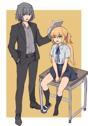 Rule 34 | 1boy, 1girl, ahoge, alternate costume, artoria caster (fate), artoria pendragon (fate), between legs, black jacket, black pants, black skirt, black socks, blonde hair, blue ribbon, brown background, brown footwear, collared shirt, commentary request, desk, fate/grand order, fate (series), formal, green eyes, grey eyes, grey hair, grey shirt, hair between eyes, hand between legs, hand in pocket, jacket, kneehighs, kopaka (karda nui), neck ribbon, oberon (fate), oberon (third ascension) (fate), on desk, one eye closed, open clothes, open jacket, open mouth, pants, pleated skirt, ribbon, school desk, school uniform, shirt, shoes, single shoe, sitting, on desk, skirt, socks, spoilers, standing, suit, twintails, two-tone background, uwabaki, wavy mouth, white background, white footwear, white shirt
