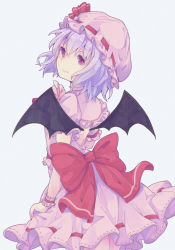 Rule 34 | 1girl, backless dress, backless outfit, bat wings, blue background, blue hair, dress, from behind, hat, hat ribbon, highres, looking at viewer, looking back, mob cap, pink dress, pink hat, puffy short sleeves, puffy sleeves, red eyes, red ribbon, remilia scarlet, ribbon, ribbon-trimmed dress, sash, shikajima shika, short dress, short sleeves, simple background, smile, solo, touhou, wings, wrist cuffs