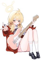 Rule 34 | 1girl, absurdres, ahoge, bandaid, bandaid on hand, black footwear, blue archive, blush, bracelet, electric guitar, full body, guitar, hair ribbon, halo, highres, holding, holding guitar, holding instrument, holding plectrum, instrument, jacket, jewelry, kameria526, kneehighs, knees up, loafers, long sleeves, looking at viewer, low twintails, open clothes, open jacket, pink skirt, pleated skirt, plectrum, print shirt, red jacket, red ribbon, ribbon, shirt, shoes, short sleeves, simple background, sitting, skirt, smile, smug, socks, solo, twintails, white background, white shirt, white socks, yellow halo, yoshimi (band) (blue archive), yoshimi (blue archive)
