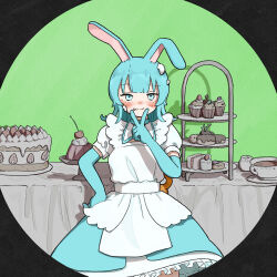 Rule 34 | 1girl, :3, animal ears, apron, black border, blue dress, blue eyes, blue gloves, blue hair, blunt bangs, blush, border, cake, cherry, round border, collared dress, commentary request, cupcake, dessert, dress, ear down, elbow gloves, feet out of frame, food, food on face, food on head, food request, frilled dress, frills, fruit, gathers, gelatin, gloves, green background, hand on own hip, hand up, highres, hoshoku hihoshoku (vocaloid), icing, long hair, looking at viewer, maid apron, object on head, rabbit ears, rabbit girl, raised eyebrow, round border, sabaku (saba9), shadow, solo, standing, straight-on, strawberry shortcake, tiered tray, two-tone dress, v, white dress, winding key