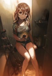 Rule 34 | 1girl, bad id, bad pixiv id, bathroom, bathtub, brown eyes, brown hair, cellphone, closed mouth, commentary, crying, crying with eyes open, hair between eyes, highres, holding, holding phone, indoors, knees together feet apart, kogiku (wirbelwind), looking at viewer, original, phone, shade, shirt, sitting, smartphone, solo, t-shirt, tears, thighs, wet