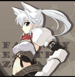 Rule 34 | 1girl, animal ears, armlet, blue eyes, blush, breasts, cat ears, fantasy earth zero, gauntlets, grey background, looking at viewer, midriff, navel, ponytail, puffy short sleeves, puffy sleeves, red scarf, scarf, short sleeves, simple background, solo, stomach, tooya, touya (the-moon), white hair