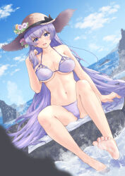 Rule 34 | 1girl, armpit crease, azur lane, barefoot, bikini, black ribbon, blue eyes, blue sky, blush, breasts, cloud, cloudy sky, collarbone, day, dutch angle, eyelashes, feet, flower, full body, hair flower, hair ornament, hand up, hat, hat flower, hat ribbon, highres, ishi (user vcwg3733), large breasts, legs, long hair, lower teeth only, nail polish, navel, official alternate costume, open mouth, outdoors, partially visible vulva, purple bikini, purple hair, ribbon, rock, rodney (azur lane), rodney (future seaside admiral) (azur lane), shiny skin, sitting, sky, soaking feet, soles, solo, splashing, straw hat, sun hat, swimsuit, teeth, thighs, toe scrunch, toenail polish, toenails, toes, undersized breast cup, water