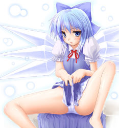 Rule 34 | 1girl, barefoot, cirno, clothes lift, embodiment of scarlet devil, female focus, gizensha, gradient background, panties, skirt, skirt lift, solo, striped clothes, striped panties, touhou, underwear, white background