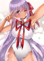 Rule 34 | 1girl, bb (fate), bb (fate) (all), bb (swimsuit mooncancer) (fate), bb (swimsuit mooncancer) (third ascension) (fate), blush, bow, bowtie, breasts, earrings, fate/grand order, fate (series), fingernails, hair ribbon, jewelry, large breasts, leotard, long hair, looking at viewer, maco spl, one eye closed, purple eyes, purple hair, reaching, ribbon, smile, solo, tan, v, very long hair