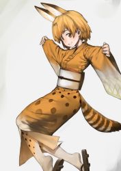 Rule 34 | 10s, 1girl, absurdres, animal ears, brown eyes, commentary, extra ears, geta, grin, highres, japanese clothes, kemono friends, kimono, looking at viewer, obi, ponderogen, print legwear, sash, serval (kemono friends), serval print, serval tail, short hair, smile, solo, striped tail, tail, wide sleeves