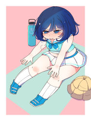 Rule 34 | 1girl, puff of air, bare shoulders, blue eyes, blue footwear, blue hair, blue skirt, blush, bottle, breasts, cheerleader, closed mouth, commentary request, crop top, dot nose, exercising, full body, hair between eyes, highres, horoyuki (gumizoku), kneehighs, mat, medium hair, midriff, navel, original, outside border, pink background, pleated skirt, plump, pom pom (cheerleading), shadow, shoes, short hair, skirt, sleeveless, small breasts, socks, solo, split mouth, stretching, thick thighs, thighs, trembling, water bottle, white skirt, white socks