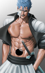 Rule 34 | 1boy, abs, arrancar, bleach, blue eyes, blue hair, bone, collared jacket, cowboy shot, cropped jacket, evil grin, evil smile, eyeliner, grimmjow jaegerjaquez, grin, hand in pocket, highres, hole on body, jacket, makeup, male focus, muscular, muscular male, narrowed eyes, nipples, obliques, open clothes, pectorals, short eyebrows, short hair, sinichi okazaki, sleeves rolled up, smile, solo, sword, v-shaped eyebrows, veins, veiny arms, weapon