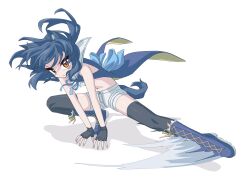 Rule 34 | 1girl, animal ear fluff, animal ears, apuferu, arm support, bare shoulders, black gloves, black thighhighs, blue footwear, blue hair, blue jacket, boots, commentary request, crop top, cross-laced footwear, fingerless gloves, full body, gloves, highres, jacket, lace-up boots, leg sweep, long hair, looking at viewer, midriff, navel, original, red eyes, shadow, short shorts, shorts, simple background, smear frame, solo, tail, thighhighs, thighhighs under boots, v-shaped eyebrows, white background, white shorts