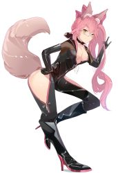 Rule 34 | 1girl, absurdres, animal ear fluff, animal ears, black bodysuit, black choker, bodysuit, breasts, choker, collarbone, fate/grand order, fate (series), fox ears, fox girl, fox tail, glasses, highres, hip vent, koyanskaya (assassin) (first ascension) (fate), koyanskaya (fate), large breasts, long hair, partially unzipped, pink hair, ponytail, same (sendai623), simple background, solo, tail, tamamo (fate), very long hair, white background, yellow eyes