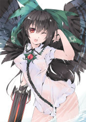 Rule 34 | 1girl, alternate weapon, arm cannon, black hair, bottomless, bow, breasts, fang, female focus, hair bow, long hair, naked shirt, no bra, one eye closed, red eyes, reiuji utsuho, see-through, shirt, smile, solo, touhou, transpot nonoko, weapon, wet, wings, wink