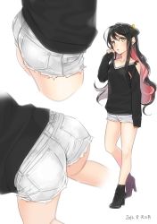 Rule 34 | 10s, 1girl, 2016, ama mitsuki, ass, bare shoulders, black hair, blush, boots, collarbone, commentary request, dated, denim, denim shorts, hair bun, hair ribbon, kantai collection, long hair, long sleeves, looking at viewer, multicolored hair, multiple views, naganami (kancolle), parted lips, pink hair, ribbon, short shorts, shorts, signature, simple background, single hair bun, sleeves past wrists, standing, white background, white shorts, yellow eyes