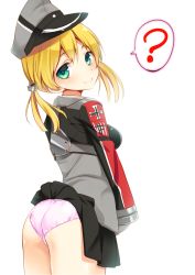 Rule 34 | 10s, 1girl, ?, anchor hair ornament, ass, blonde hair, cross, green eyes, hair ornament, hat, iron cross, kantai collection, looking at viewer, natsuki shuri, panties, pink panties, prinz eugen (kancolle), smile, solo, spoken question mark, twintails, underwear