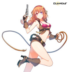 Rule 34 | 1girl, arm up, armpits, bai winchester, bare shoulders, belt, bikini, boots, braid, breasts, brown footwear, brown gloves, brown shirt, brown shorts, cleavage, closers, collared shirt, crop top, finger on trigger, fingerless gloves, floating hair, framed breasts, gloves, gun, hairband, handgun, heterochromia, highres, holding, holding gun, holding lasso, holding weapon, lasso, leg up, long hair, looking at viewer, loose belt, medium breasts, micro shorts, midriff, multiple belts, navel, official art, orange hair, pink bikini, pink eyes, purple eyes, revealing clothes, revolver, shirt, shorts, single braid, sleeveless, sleeveless shirt, solo, stomach, string bikini, swimsuit, thighs, v-shaped eyebrows, weapon