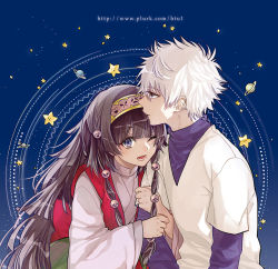 Rule 34 | 2boys, ;d, alluka zoldyck, arm grab, black eyes, black hair, blue eyes, blunt bangs, brother and sister, brothers, closed mouth, eyelashes, hair ornament, hairband, holding another&#039;s arm, hunter x hunter, killua zoldyck, layered sleeves, long hair, long sleeves, male focus, multiple boys, one eye closed, open mouth, saturn (planet), shade, short over long sleeves, short sleeves, siblings, smile, smiley face, space, star (sky), star (symbol), trap, turtleneck, upper body, watermark, web address, white hair, wide sleeves, yamabuki arashi
