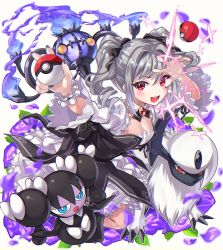 Rule 34 | 1girl, :d, absol, arms up, black dress, black nails, black ribbon, blue eyes, blush, breasts, brooch, chandelure, cleavage, commentary request, creatures (company), crossover, detached collar, dress, drill hair, fingernails, fire, flower, game freak, gem, gen 3 pokemon, gen 5 pokemon, gothorita, hair ribbon, highres, holding, holding poke ball, idolmaster, idolmaster cinderella girls, jewelry, kanzaki ranko, long fingernails, long sleeves, nail polish, nintendo, open mouth, petals, poke ball, poke ball (basic), pokemon, pokemon (creature), purple fire, purple flower, purple rose, red eyes, red gemstone, ribbon, rose, shashaki, small breasts, smile, twintails, wrist cuffs