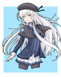 Rule 34 | 1girl, absurdres, altina orion, beret, blue background, brown eyes, capelet, double-parted bangs, eiyuu densetsu, hair between eyes, hat, highres, jacket, long hair, sen no kiseki, sen no kiseki iii, sidelocks, simple background, skirt, solo, thighhighs, thors military academy branch campus uniform, white hair, witch f