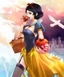 Rule 34 | 1girl, apple, basket, black hair, blue eyes, bow, breasts, cleavage, disney, dress, eating, female focus, food, fruit, garter straps, grimm&#039;s fairy tales, hair bow, hair ribbon, phil (5192229), puff and slash sleeves, puffy short sleeves, puffy sleeves, ribbon, shingoku no valhalla gate, short hair, short sleeves, skirt, skull and crossbones, snow white, snow white (disney), snow white and the seven dwarfs, solo, thighhighs