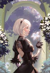 Rule 34 | 1girl, absurdres, back cutout, black dress, black gloves, black hair, blue eyes, bob cut, breasts, clothing cutout, courtyard, cowboy shot, dress, feather trim, flower, garden, gloves, hair between eyes, high collar, highres, holding, holding flower, looking to the side, medium breasts, nier (series), nier:automata, parted lips, profile, side slit, solo, white hair, 2b (nier:automata), yubuki i