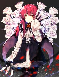 Rule 34 | black background, black choker, black dress, black pantyhose, blurry, blurry foreground, chamnaitu, choker, commentary, cowboy shot, dress, flower, frills, grin, highres, holding, holding knife, knife, long sleeves, looking at viewer, original, pantyhose, red eyes, red flower, red hair, red rose, rose, shirt, sleeves past fingers, sleeves past wrists, smile, solo, vampire, white flower, white rose, white shirt