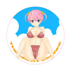 Rule 34 | 1girl, arm support, barefoot, bikini, blush, breasts, cleavage, cloud, collarbone, large breasts, looking at viewer, navel, ozaki mirai, pink hair, polka dot, polka dot bikini, purple eyes, red bikini, scrunchie, short hair, sitting, sky, smile, sugimoto ai, swimsuit, twintails