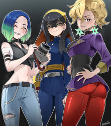 Rule 34 | 3girls, ass, black hair, blonde hair, bob cut, briar (pokemon), bright pupils, butcha-u, camera, carmine (pokemon), colored inner hair, creatures (company), crop top, game freak, grey shirt, hairband, hands on own hips, highres, holding, holding camera, jacket, long hair, looking at viewer, mole, mole under eye, multicolored hair, multiple girls, navel, nintendo, off-shoulder shirt, off shoulder, pants, partially shaded face, perrin (pokemon), pokemon, pokemon sv, purple jacket, red pants, shaded face, shirt, smile, stomach, very long hair, white pupils, yellow eyes, yellow hairband