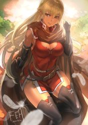 Rule 34 | 1girl, blonde hair, boots, breasts, cleavage, dark-skinned female, dark skin, elbow gloves, female focus, fingerless gloves, fire emblem, fire emblem: the binding blade, gloves, highres, igrene (fire emblem), large breasts, long hair, looking at viewer, nintendo, parted lips, smile, solo, thick thighs, thigh boots, thighhighs, thighs, twitter username
