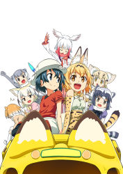 Rule 34 | &gt;:d, 10s, 6+girls, :d, ^^^, animal ears, arm up, black-tailed prairie dog (kemono friends), black hair, black legwear, blonde hair, bow, bowtie, brown hair, bucket hat, cat ears, closed eyes, commentary request, common raccoon (kemono friends), elbow gloves, fennec (kemono friends), fox ears, fur collar, gloves, grey hair, hat, hat feather, head wings, japanese crested ibis (kemono friends), japari bus, kaban (kemono friends), kemono friends, looking at another, multicolored hair, multiple girls, open mouth, otter ears, raccoon ears, raccoon tail, red hair, red shirt, sand cat (kemono friends), serval (kemono friends), serval print, serval tail, shirt, short hair, sidelocks, simple background, sitting, small-clawed otter (kemono friends), smile, tail, tomato (lsj44867), v, v-shaped eyebrows, white background, white hair, white legwear, wings