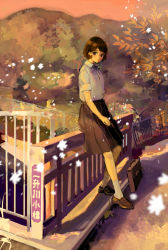 Rule 34 | 1girl, bag, black eyes, black hair, blurry, bob cut, bridge, briefcase, chain-link fence, depth of field, faux traditional media, fence, hill, kashiwagi chisame, light smile, loafers, looking at viewer, looking to the side, muted color, on railing, original, railing, scenery, school bag, school briefcase, school uniform, shoes, short hair, sitting, skirt, solo