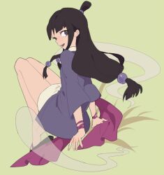Rule 34 | 1girl, ace attorney, bare legs, black footwear, black hair, blunt ends, commentary request, dress, eyelashes, from behind, full body, green background, grey eyes, hair bobbles, hair bun, hair ornament, jacket, knees up, long hair, long sleeves, looking at viewer, looking back, low-tied long hair, maya fey, open clothes, open jacket, open mouth, pink ribbon, purple jacket, ribbon, sandals, short dress, sidelocks, simple background, single hair bun, sitting, smile, smoke, solo, teeth, unagi (nakaelric), upper teeth only, white dress, wrist wrap, zouri