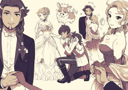 Rule 34 | 1boy, 1girl, alternate hairstyle, bare shoulders, blush, body blush, boots, braid, braided ponytail, breasts, buttons, cleavage, closed eyes, closed mouth, collarbone, commentary request, creatures (company), dark-skinned male, dark skin, dress, epaulettes, facial hair, game freak, gen 8 pokemon, highres, holding hands, jacket, jewelry, kneeling, leon (pokemon), long hair, long sleeves, multiple views, necklace, nintendo, nokataro, off-shoulder dress, off shoulder, pants, pokemon, pokemon (creature), pokemon swsh, shirt, shoulder blades, smile, sonia (pokemon), sparkle, standing, tail, tail wagging, vest, yamper