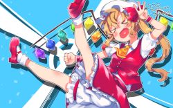Rule 34 | &gt; &lt;, 13 (spice!!), 1girl, arm up, ascot, bad id, bad pixiv id, bloomers, blush, bow, buttons, clenched hand, closed eyes, earrings, flandre scarlet, full body, hat, hat bow, heart, heart in mouth, highres, jewelry, long hair, mary janes, milestone celebration, mob cap, open mouth, pointy ears, red bow, red footwear, red skirt, shoes, short sleeves, side ponytail, skirt, skirt set, socks, solo, touhou, underwear, w, white hat, white socks