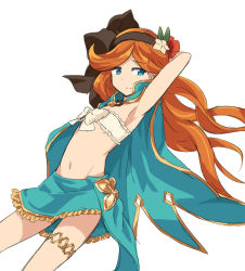 Rule 34 | 10s, 1girl, arm up, armpits, bikini, bikini top only, blue eyes, blue skirt, bow, cape, chikuwa (majihima), closed mouth, eyebrows, flower, front-tie bikini top, front-tie top, granblue fantasy, groin, hair flower, hair ornament, hairband, leaf, long hair, looking away, miniskirt, navel, orange hair, sara (granblue fantasy), simple background, skirt, smile, solo, swimsuit, thigh strap, white background, white bow