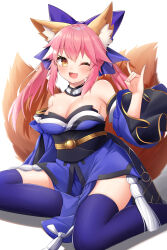 Rule 34 | 1girl, absurdres, animal ear fluff, animal ears, bare shoulders, blue bow, blue kimono, blue ribbon, blue thighhighs, blush, bow, breasts, cleavage, detached sleeves, fang, fate/grand order, fate (series), fox ears, fox girl, fox shadow puppet, fox tail, hair ribbon, highres, hoshino reiji, japanese clothes, kimono, large breasts, long hair, looking at viewer, multiple tails, one eye closed, open mouth, pink hair, ribbon, simple background, sitting, solo, split ponytail, tail, tamamo (fate), tamamo no mae (fate/extra), thighhighs, white background, yellow eyes