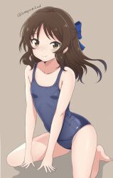 Rule 34 | 1girl, arm support, barefoot, blue bow, blue one-piece swimsuit, blush, bow, brown background, brown eyes, brown hair, collarbone, commentary, flat chest, hair bow, highres, idolmaster, idolmaster cinderella girls, kneeling, long hair, looking at viewer, one-piece swimsuit, school swimsuit, sidelocks, smile, solo, swimsuit, tachibana arisu, tamayan, twitter username