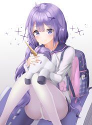 Rule 34 | 1girl, absurdres, ahoge, ass, azur lane, backpack, bag, black skirt, blush, closed mouth, hugging doll, feet out of frame, grey sweater, hair ornament, highres, knees together feet apart, knees up, long hair, long sleeves, looking at viewer, low twintails, miniskirt, hugging object, panties, pantyhose, pleated skirt, purple eyes, purple hair, purple sailor collar, sailor collar, school uniform, sidelocks, sitting, skirt, smile, solo, stuffed winged unicorn, sweater, twintails, underwear, unicorn (long-awaited date) (azur lane), unicorn (azur lane), verena, very long hair, white panties, white pantyhose, x hair ornament