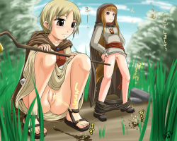Rule 34 | !, 00s, 2girls, cleft of venus, feet, holo, homare (suzu no oka), multiple girls, no panties, nora arento, pee, peeing, peeing contest, peeing together, pussy, sandals, shoes, spice and wolf, squatting, standing, translated, uncensored