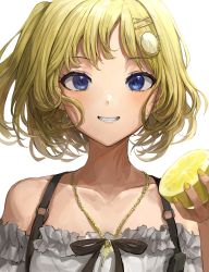 Rule 34 | 1girl, absurdres, bare shoulders, black ribbon, blonde hair, blue eyes, blush, chan1moon, collarbone, commentary, food, fruit, grin, hair ornament, hairclip, highres, holding, holding food, holding fruit, hololive, hololive english, jewelry, lemon, looking at viewer, nail polish, necklace, off shoulder, portrait, ribbon, short hair, smile, solo, teeth, upper body, virtual youtuber, watson amelia, watson amelia (street casual), white background, x hair ornament, yellow nails