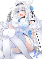 Rule 34 | 1girl, animal ears, blue eyes, breasts, china dress, chinese clothes, dobrynya nikitich (fate), dress, fangs, fate/grand order, fate (series), garter straps, hairband, highres, large breasts, long hair, metal gloves, sitting, tail, thighhighs, tsuyuki yuki, white hair