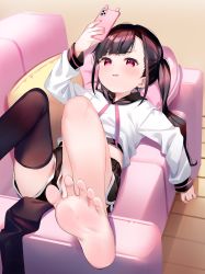 Rule 34 | 1girl, absurdres, barefoot, black hair, black shorts, black thighhighs, cellphone, couch, crop top, drawstring, fang, feet, feet out of frame, foreshortening, highres, holding, holding phone, hood, hood down, hoodie, long hair, long sleeves, meito (maze), nail polish, on couch, open mouth, original, phone, pink nails, puffy long sleeves, puffy sleeves, red eyes, short shorts, shorts, single thighhigh, smile, soles, solo, thighhigh removed, thighhighs, twintails, v-shaped eyebrows, white hoodie, wooden floor