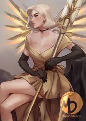 Rule 34 | 1girl, artist logo, artist name, bare shoulders, blonde hair, breasts, dress, elbow gloves, formalwear mercy, gloves, highres, holding, holding staff, holding weapon, mechanical wings, medium breasts, mercy (overwatch), momo-deary, overwatch, short hair, sitting, solo, staff, weapon, wings, yellow dress, yellow wings