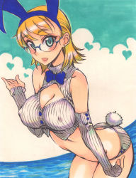 Rule 34 | 1girl, animal ears, aqua eyes, bare shoulders, blonde hair, bow, bowtie, breasts, rabbit ears, bunny girl, cleavage, cleavage cutout, clothing cutout, detached sleeves, earrings, fake animal ears, glasses, heart, highres, jewelry, kusanagi tonbo, large breasts, leaning forward, looking at viewer, open mouth, original, short hair, solo, tail, water
