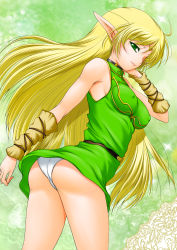 Rule 34 | 1girl, ass, bare shoulders, belt, blonde hair, blush, breasts, circlet, closed mouth, covered erect nipples, deedlit, dress, elf, from below, green background, green dress, green eyes, highres, long hair, looking at viewer, marui ryu, medium breasts, panties, pointy ears, record of lodoss war, short dress, simple background, sleeveless, sleeveless dress, smile, solo, taut clothes, tunic, underwear, very long hair, white panties