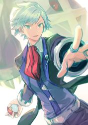 Rule 34 | 1boy, belt, collared shirt, commentary request, creatures (company), game freak, gen 3 pokemon, grey eyes, grey hair, highres, holding, holding poke ball, jacket, jewelry, looking at viewer, male focus, metagross, nintendo, pants, parted lips, peco-midori, poke ball, poke ball (basic), pokemon, pokemon (creature), pokemon oras, red neckwear, ring, shirt, short hair, smile, spread fingers, steven stone, vest, white background, white shirt