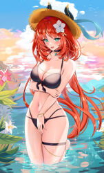 Rule 34 | 1girl, absurdres, bare shoulders, beach, bikini, blush, breasts, cleavage, collarbone, commentary request, dokimaru, fake horns, genshin impact, highres, horns, large breasts, long hair, looking at viewer, navel, nilou (genshin impact), open mouth, red hair, smile, solo, swimsuit, thighs