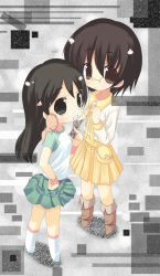 Rule 34 | 00s, 1boy, 2girls, abstract background, blush, boots, brown footwear, chibi, creature, creature on shoulder, dennou coil, full body, glasses, goggles, green footwear, green skirt, green sleeves, grin, hand on own hip, hashimoto fumie, long hair, looking at viewer, looking over eyewear, looking to the side, miniskirt, multiple girls, okonogi yuuko, on shoulder, oyaji (dennou coil), pleated skirt, raglan sleeves, shirt, shoes, short hair, skirt, smile, socks, standing, t-shirt, tagme, white legwear, white shirt, yellow skirt